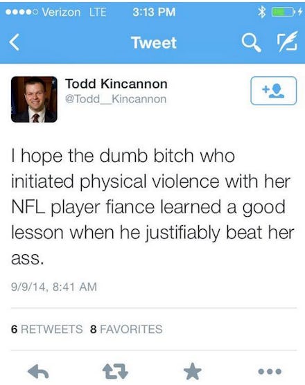 Todd Kincannon's reaction on Twitter, to the Ray Rice video, where he says that he hopes Rice's fian...