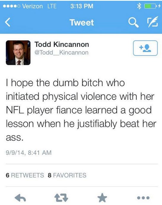 Todd Kincannon's reaction on Twitter, to the Ray Rice video, where he says that he hopes Rice's fian...