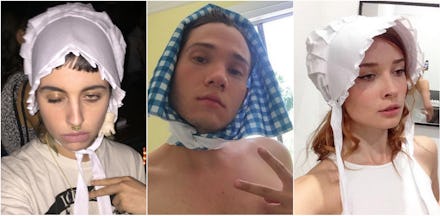 Three people wearing bonnets as part of an Internet trend