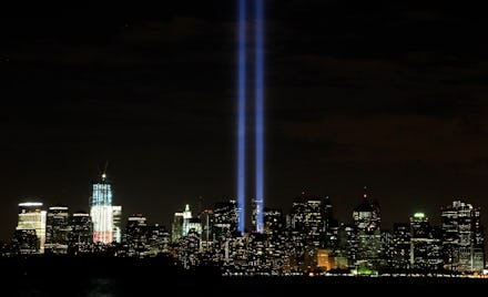 Two beams of light projected in the sky on the 9/11 anniversary in New York