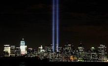 Two beams of light projected in the sky on the 9/11 anniversary in New York
