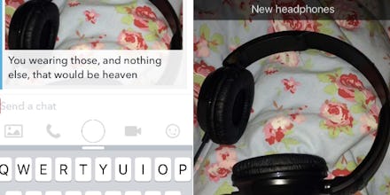 A Snapchat with headphones and the text "new headphones" with a response talking about the person we...