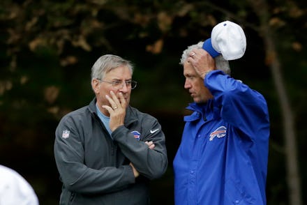 Terrence Pegula, owner of the Buffalo Bills, talking to a man during the NFL Week 7