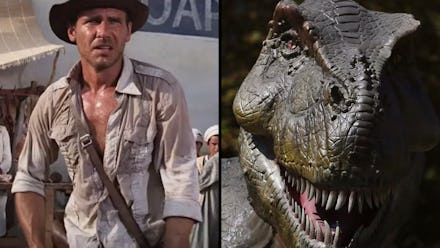 Side by side photos of Indiana Jones and a dinosaur