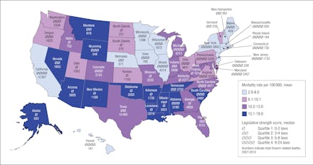 Map revealing that states with more gun regulations had fewer gun deaths; states with fewer regulati...