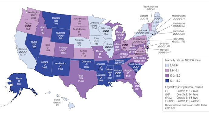 Map revealing that states with more gun regulations had fewer gun deaths; states with fewer regulati...