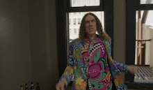 Weird Al Yankovic in a multicolored suit and shirt in the music video for "Tacky"
