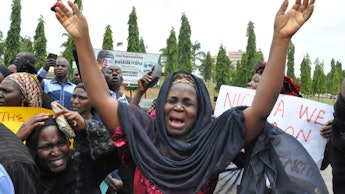 The mothers of missing Nigerian girls crying while protesting against the government 