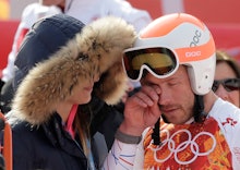 Bode Miller rubbing his eyes after a ride