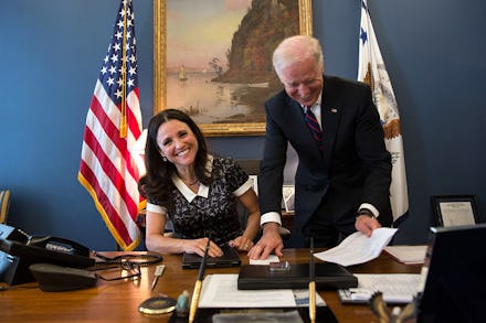 Joe Biden next to julia louis-dreyfus on the set of Veep
