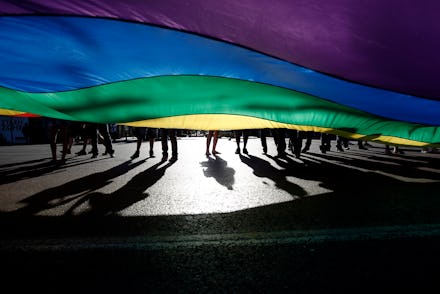 Gay men walking while the Pride flag covers the upper parts of their bodies.