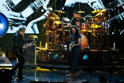 Neil Peart playing drums at the concert