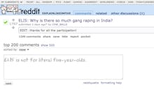 A screenshot of a reddit thread discussing gang rape in india