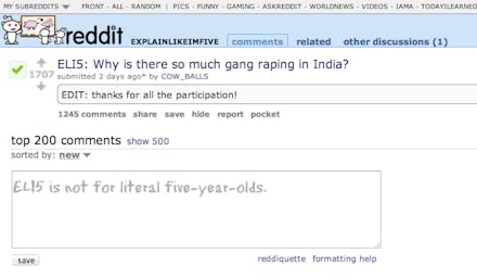 A screenshot of a reddit thread discussing gang rape in india