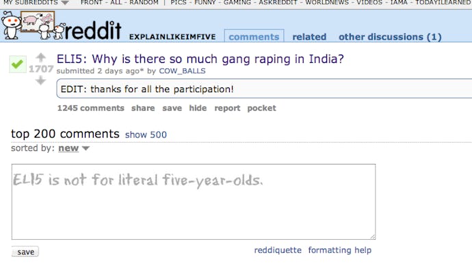 A screenshot of a reddit thread discussing gang rape in india