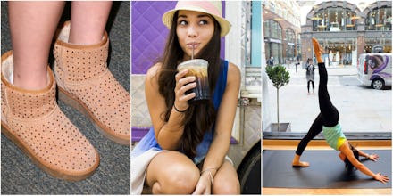 Collage of girls boots, a girl drinking ice coffee, and a girl stretching her legs and back on a yog...