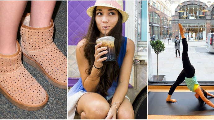 Collage of girls boots, a girl drinking ice coffee, and a girl stretching her legs and back on a yog...