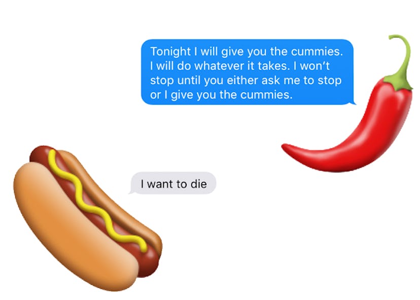A hotdog and red chilly emoji and some texts