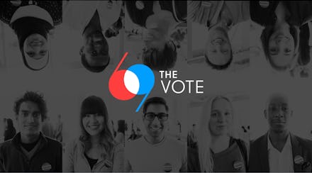 69TheVote logo in red, blue, and white of a collage of different people in black and white