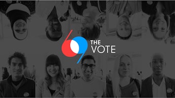 69TheVote logo in red, blue, and white of a collage of different people in black and white