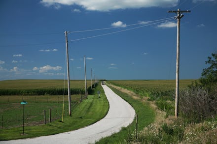 An isolated road surrounded by green grass fields in the U.S.
