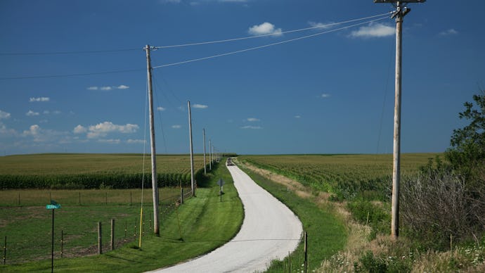 An isolated road surrounded by green grass fields in the U.S.