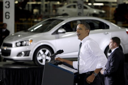 Obama speaking at a General Motors assembly
