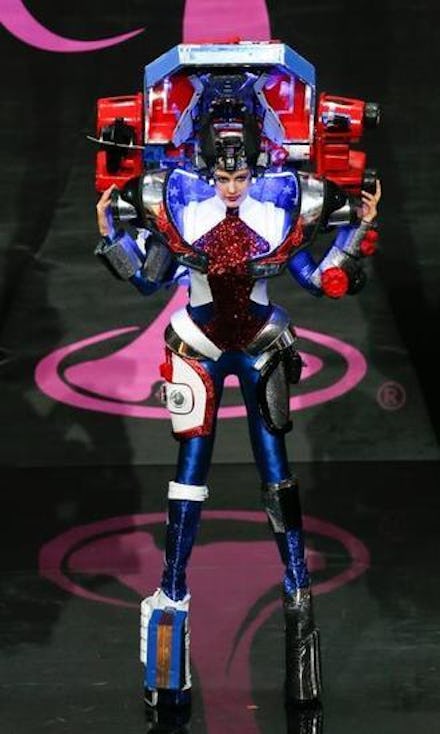 Miss USA's Costume For the Miss Universe Pageant in black, white, red, and blue
