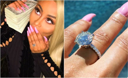A two-part collage of Blac Chyna holding a stack of money and her wedding ring