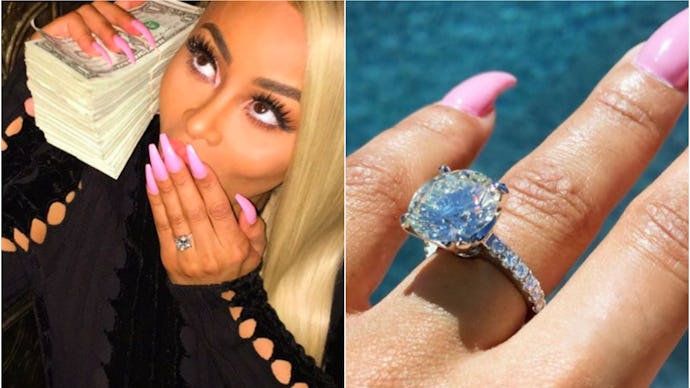 A two-part collage of Blac Chyna holding a stack of money and her wedding ring