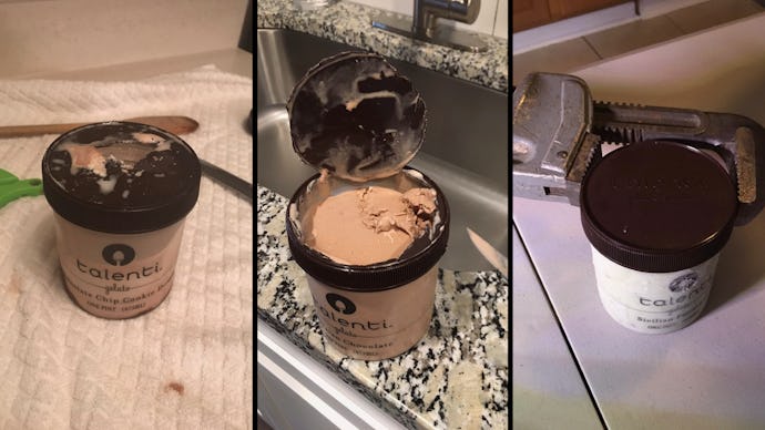 Photos of Talenti gelato jars opened with knives