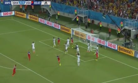 A screenshot of the USA-Ghana soccer match with the score being 1:1 during the 85th minute