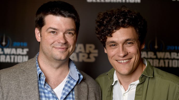 Chris Miller and Phil Lord posing and smiling at the Star Wars premiere