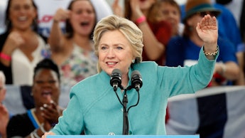 Hillary Clinton delivering a speech at a political rally