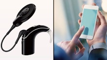A two-part collage of the new cochlear Implant processor, and a man using an iPhone