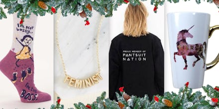 Badass feminist gifts including a mug, a shirt, socks and a necklace