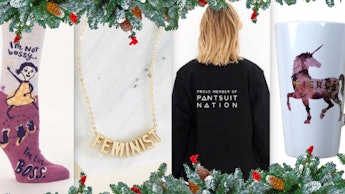 Badass feminist gifts including a mug, a shirt, socks and a necklace
