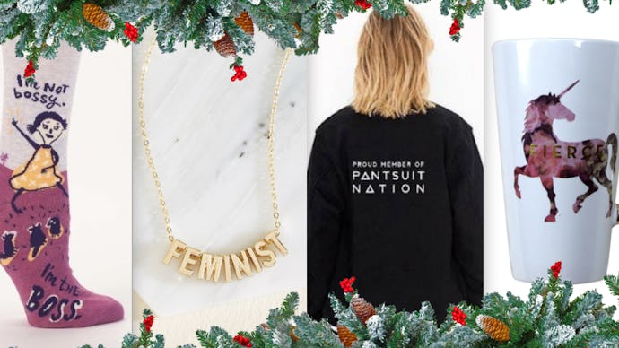 Badass feminist gifts including a mug, a shirt, socks and a necklace
