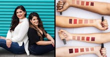 Two girls sitting leaned against each other and four hands with beauty products poured on them