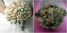  A bride holding her wedding bouquet made of roses next to a plastic bag filled with weed