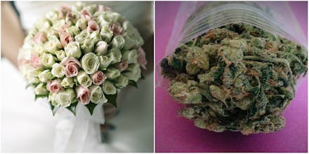 A bride holding her wedding bouquet made of roses next to a plastic bag filled with weed