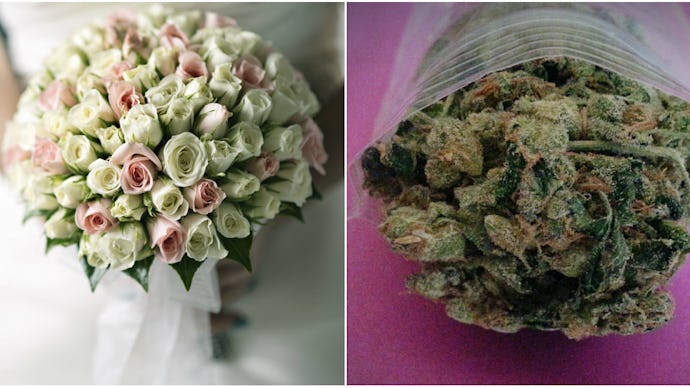  A bride holding her wedding bouquet made of roses next to a plastic bag filled with weed
