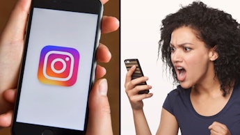 Woman with curly brown hair screaming at the phone that shows Instagram icon