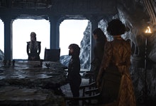 Daenerys Targaryen and Tyrion stark at the strategy table with their dornish allies