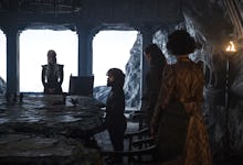 Daenerys Targaryen and Tyrion stark at the strategy table with their dornish allies