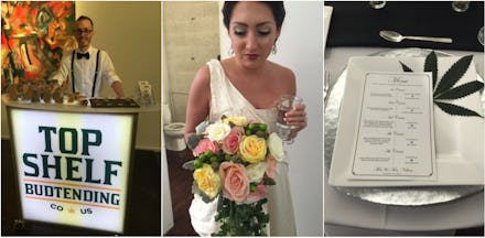 A bartender for weed, a wife with a weed bouquet and a menu with a weed design at a Weed-Friendly We...