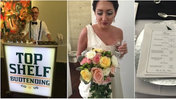 A bartender for weed, a wife with a weed bouquet and a menu with a weed design at a Weed-Friendly We...
