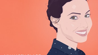 An illustration of Whitney Cummings with an updo, wearing a polka-dots shirt and smiling