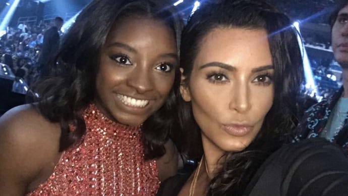 Simone Biles taking a selfie with Kim Kardashian West at the 2016 MTV VMAs