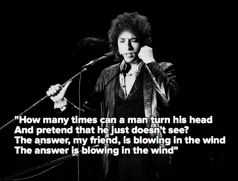 A black and white photo of Bob Dylan singing, with the lyrics to "Blowin' in the Wind"